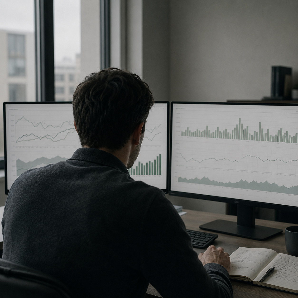 An analyst comparing inbox-placement and revenue figures across two monitors