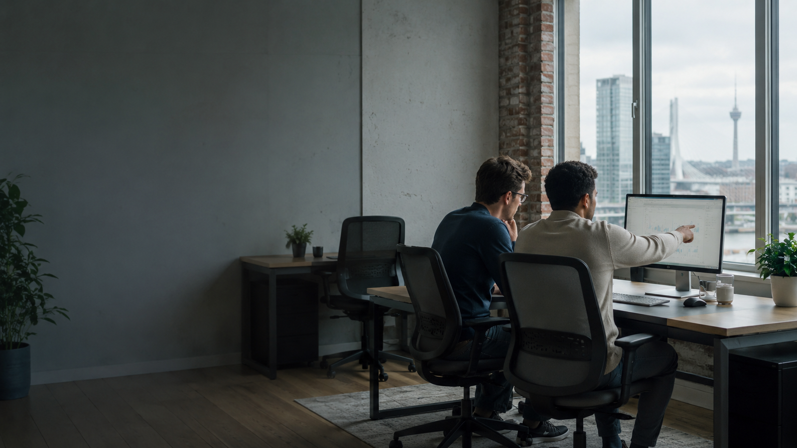 Two engineers reviewing a sending-domain migration plan on a large monitor in the Rotterdam studio