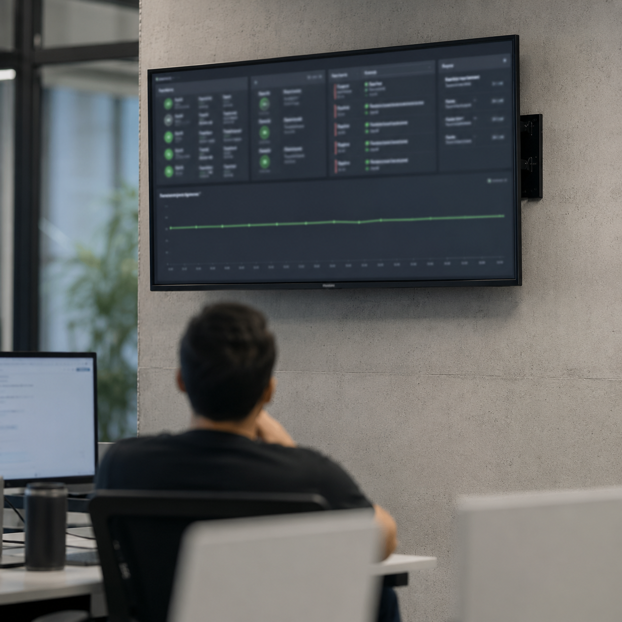 A monitoring dashboard on a wall screen, watched from a desk in a quiet office