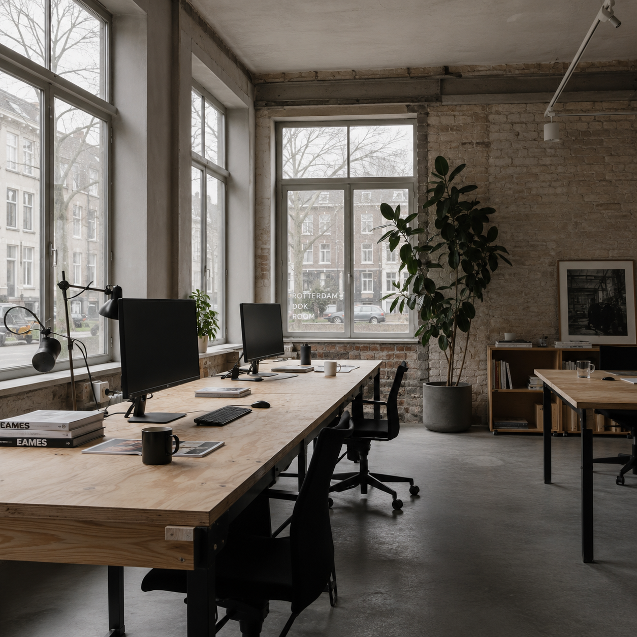 The Rotterdam studio: a quiet open-plan room with brick walls, long desks and tall windows