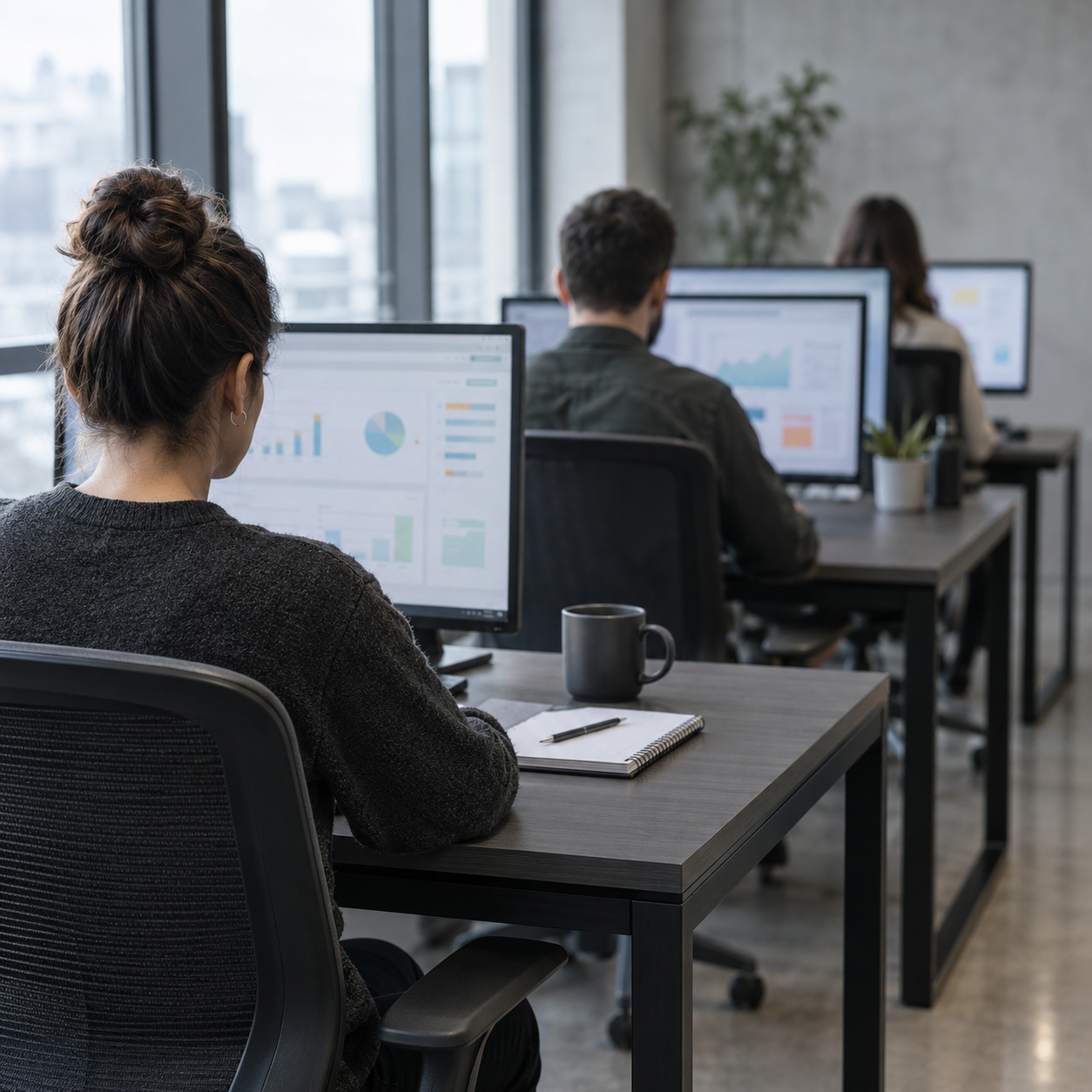 Three people working at adjacent desks, each with a platform dashboard open on screen